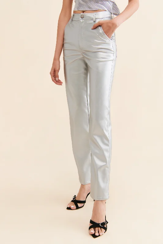 TANDUL  Women Regular Fit Silver Faux Leather Trousers Trousers Low Rise Relaxed Trousers Low Rise Relaxed