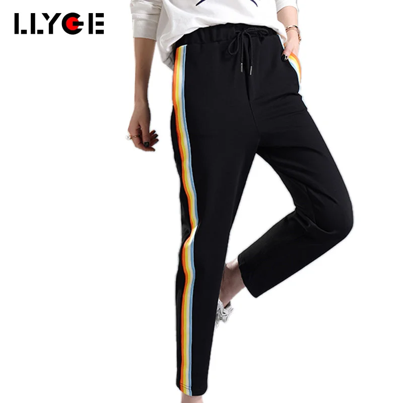 LLYGE Sweatpants Sportswear Rainbow Pants 2017 Spring Autumn Joggers Women Black Harem Pants Harajuku Kpop Trousers Female Chinos Cotton Straight Leg Chinos Cotton Straight Leg