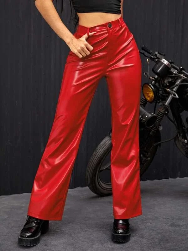 TANDUL  Women Regular Fit Red Faux Leather Trousers Trousers Party Sparkling Trousers Party Sparkling