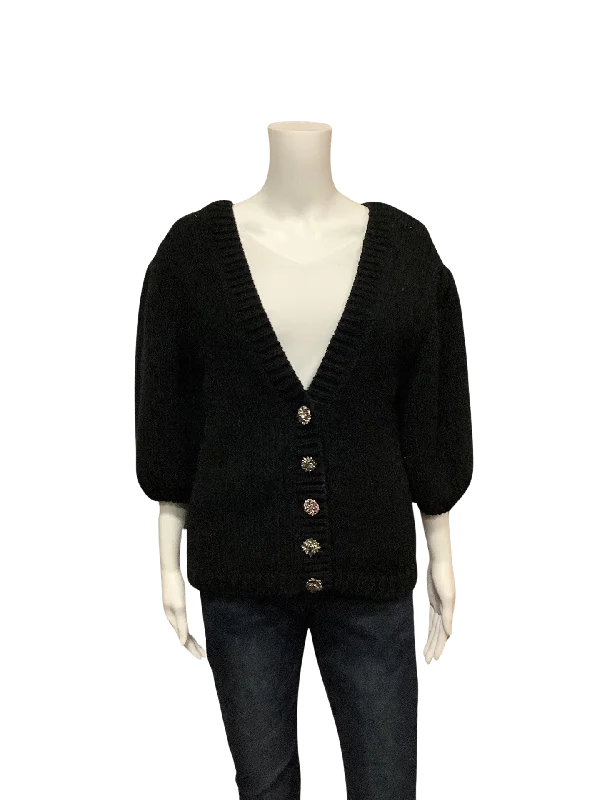 BA&SH Women's Cardigan Black Puff Sleeve Jeweled Snap Button Size: S Thin Thick Dense Thin Thick Dense