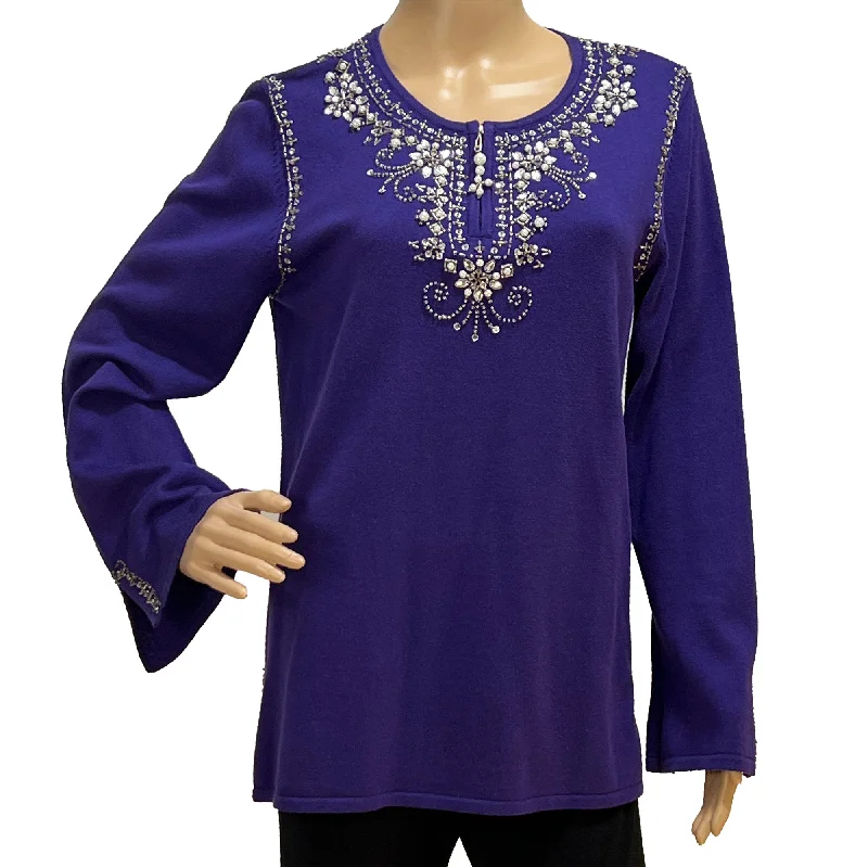 Purple Embellished Bead, Pearl, and Rhinestone Knit Top - M - Quacker Factory Daily Wear Knit Tee