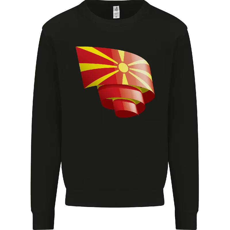 Curled Macedonia Flag Macedonian Day Football Mens Sweatshirt Jumper Hoodie with Hem Elastic Stretchable Comfortable Hoodie with Hem Elastic Stretchable Comfortable