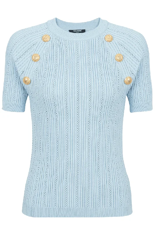 Short Sleeve 6 Button Knit Top - Bleu Glamorous Knit Top