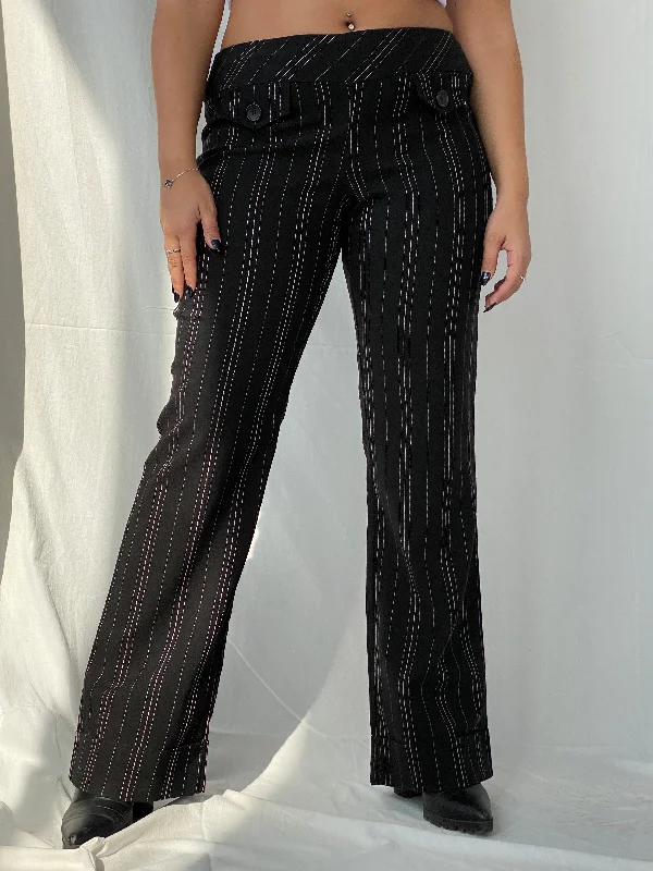 Vintage Studio Y Stretch Office Pants Striped Black Trousers Wide Leg Loose Fit Mid Waist Wide Leg Loose Fit Mid Waist