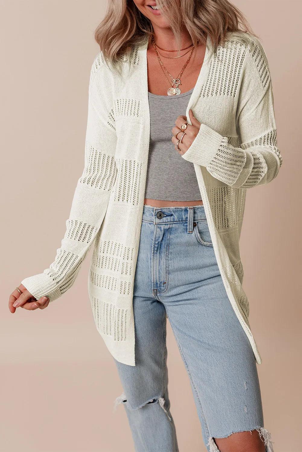 Openwork Open Front Long Sleeve Cardigan Seamless Knitted Crochet Seamless Knitted Crochet