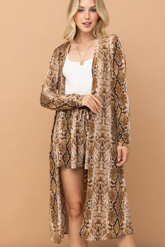 And The Why Snake Print Kimono Open Front Longline Cardigan Crew Neck V-Neck Turtle Neck Crew Neck V-Neck Turtle Neck