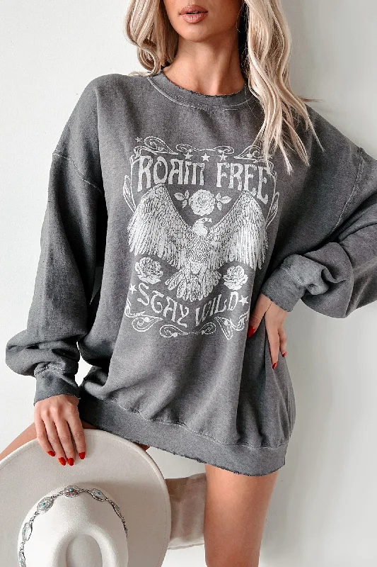 "Roam Free" Oversized Distressed Graphic Sweatshirt (Charcoal) Hoodie Jacket Zipper Layering Hoodie Jacket Zipper Layering