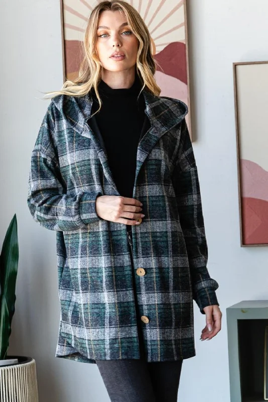Heimish Plaid Button Down Long Sleeve Hooded Cardigan Thin Thick Dense Thin Thick Dense
