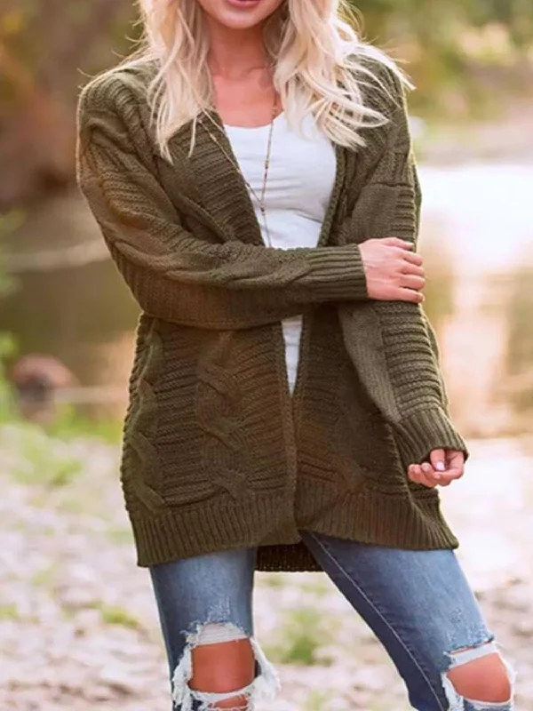 Cable-Knit Open Front Long Sleeve Cardigan Cashmere Blend Cotton Blend Poly Blend Cashmere Blend Cotton Blend Poly Blend