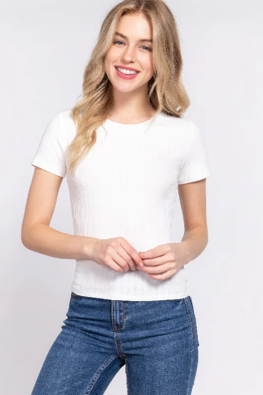 Short Slv Crew Neck Variegated Rib Knit Top Ruby Red Knit Shirt