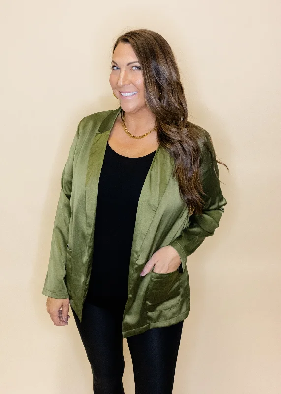 Olive Satin Boyfriend Blazer Women's Fashion Blazer