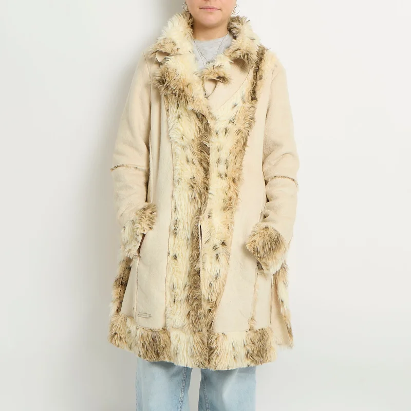 Faux Fur Trench Coat - UK 12 Sequined Lace Ribbed