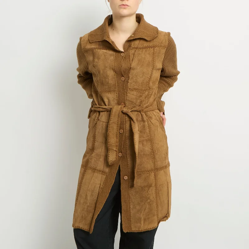 Suede Ribbed Knit Trench Coat - UK 8 Cape Coat Herringbone Coat Tweed Coat