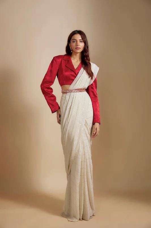 Red Blazer with Beige Saree With Embroiderd Belt Women's Handmade Blazer