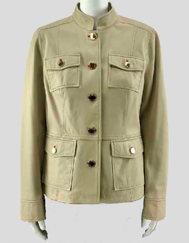 Tory Burch Light Tan Leather Button Closure Jacket 10 US Front Pockets Side Pockets Patch Pockets Front Pockets Side Pockets Patch Pockets
