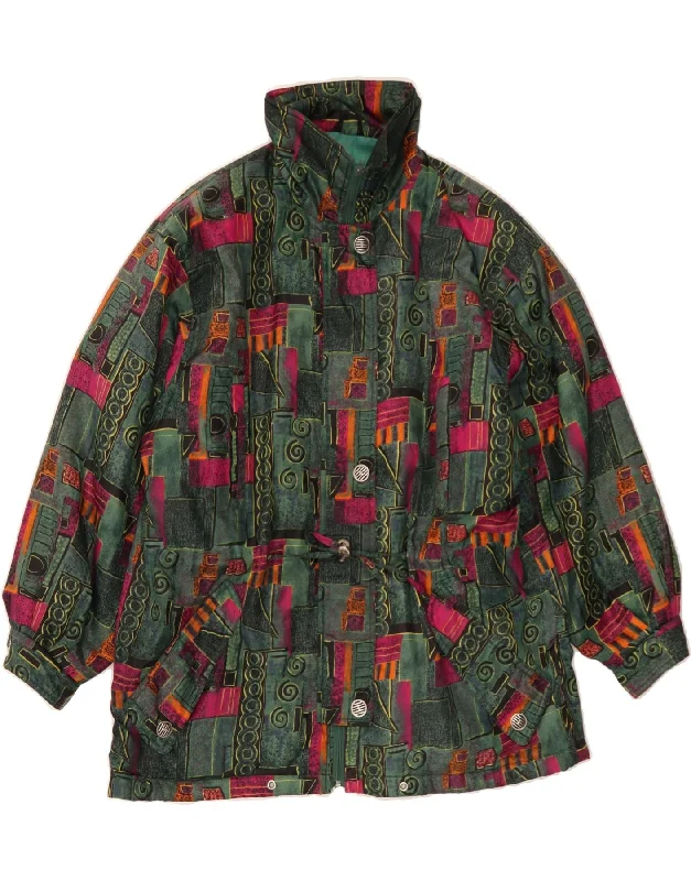C&A Womens Windbreaker Coat EU 42 Large Green Patchwork Polyester Herringbone Houndstooth Plaid