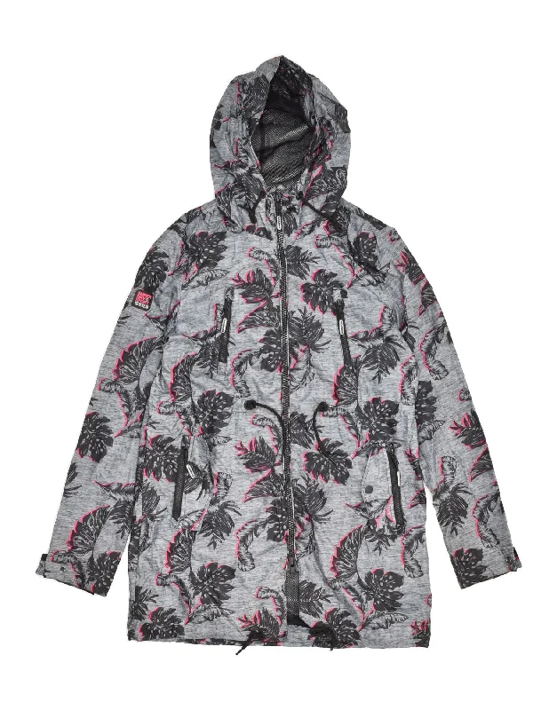 SUPERDRY Womens Hooded Windbreaker Coat UK 14 Medium Grey Floral Polyester Houndstooth Coat Plaid Coat Tartan Coat