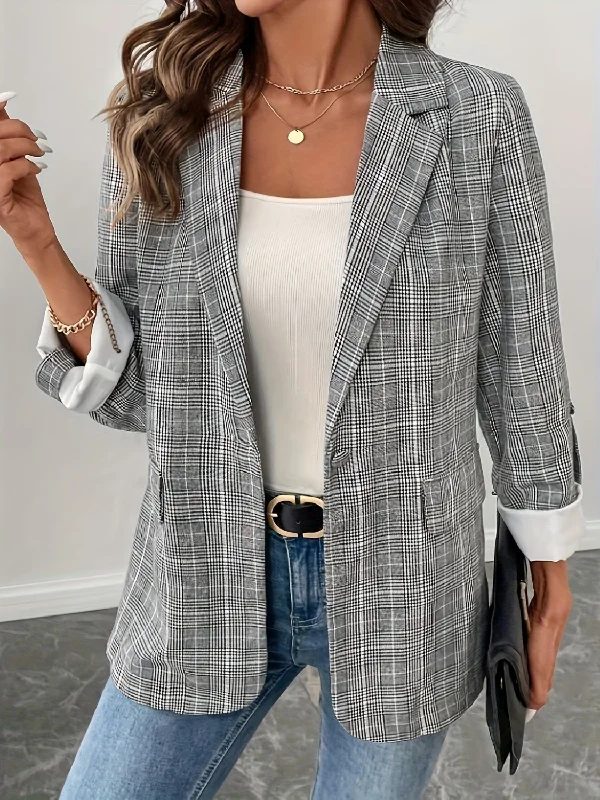 Hazel Blues® |  Single-Breasted Lapel Collar Plaid Blazer Women's Denim Suit