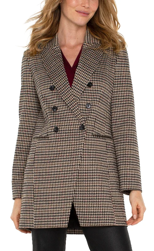 Liverpool Double Breasted Longline Blazer (Black/Tan Houndstooth) Women's Elegant Jacket