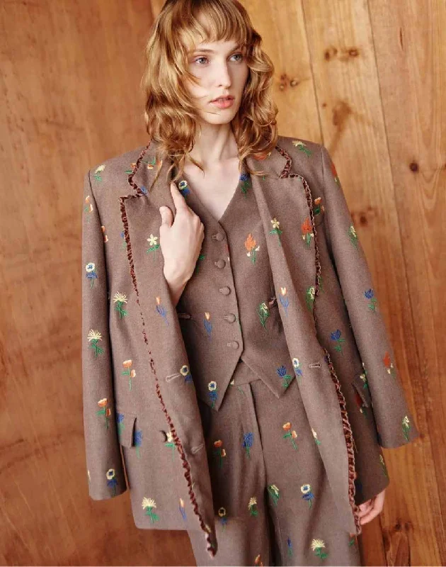 Chestnut Double Breasted Blazer with Floral Embroidery and Flannel Interior Women's Luxurious Suit