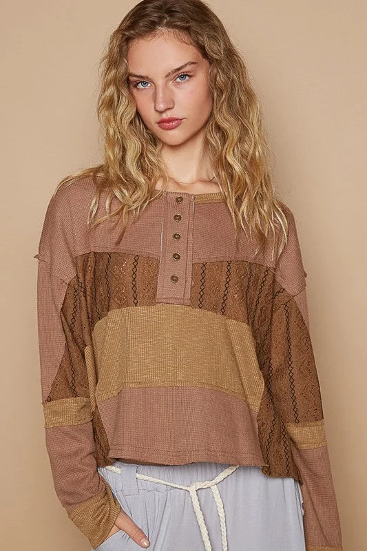 Hazel Blues® |  POL Half Button Color Block Drop Shoulder Knit Top Animal Print Knit Blouse