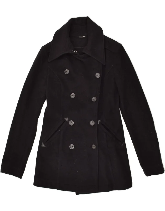 SISLEY Womens Pea Coat IT 42 Medium Black Wool Houndstooth Jacket Shearling Jacket Fleece Jacket