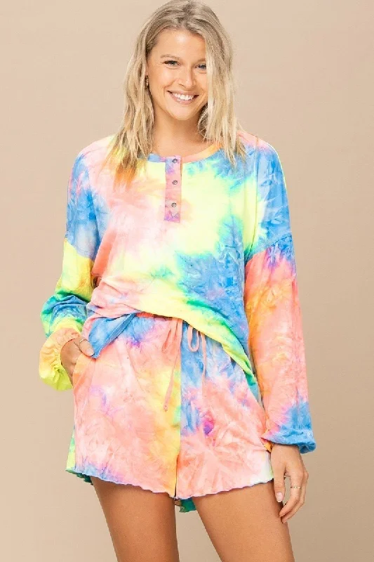 Tie-dye Printed Knit Top And Shorts Set Affordable Knit Blouse