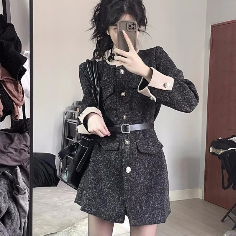 Wjczt Autumn Winter Mini Dresses for Women with Belt Turn-down Collar Patchwork O-neck Korean Fashion Blazer Dress Casual Vestidos Women's Navy Jacket