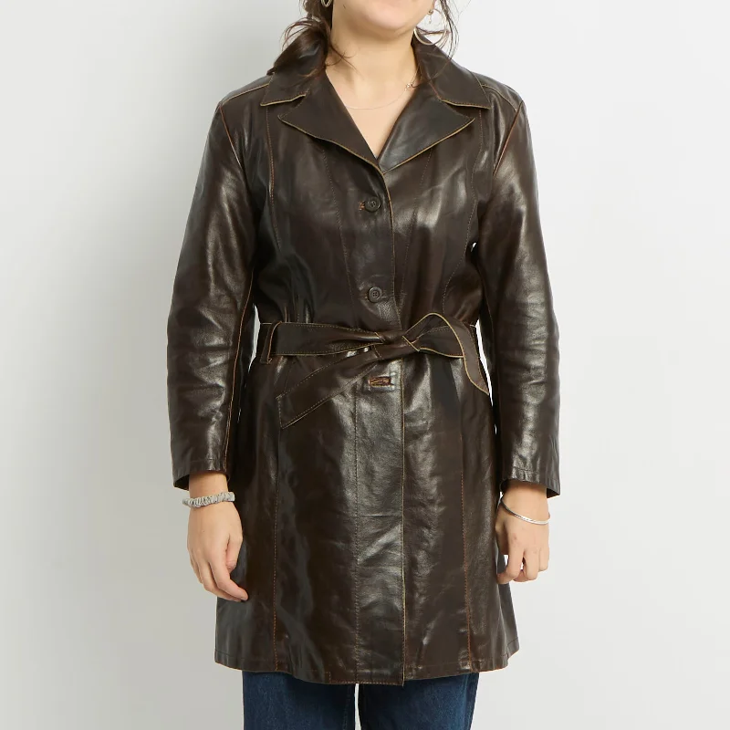 Belted Leather Trench Coat - UK 10 Bomber Denim Leather