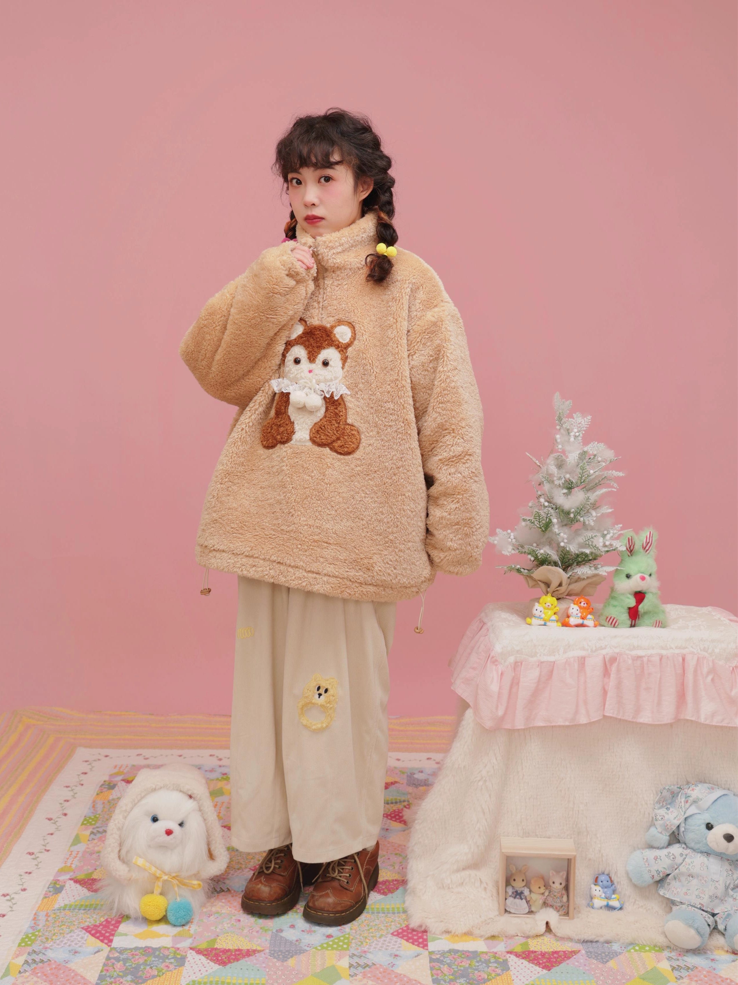 Retro girl three-dimensional bear khaki collar plush jacket【s0000004295】 Striped Jacket Polka Dot Jacket Floral Jacket Striped Jacket Polka Dot Jacket Floral Jacket