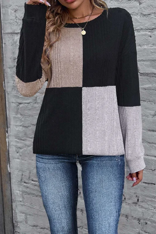 Black Colorblock Textured Knit Top Cream Knit Top