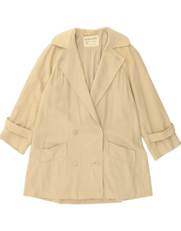 JAEGER Womens Double Breasted Coat UK 14 Medium Beige Wool Lapel Coat Peter Pan Collar Coat Cowl Neck Coat