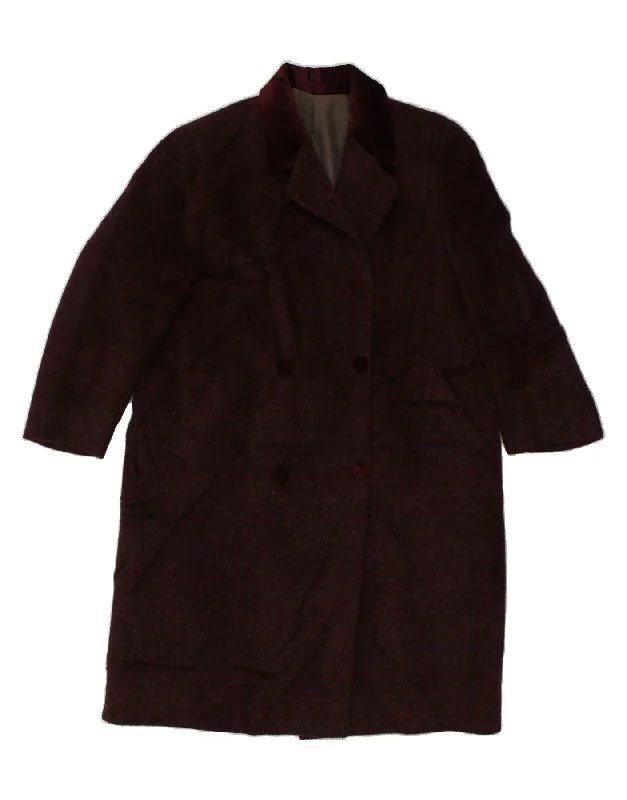 VINTAGE Womens Double Breasted Coat UK 22 2XL Burgundy Check Mesh Canvas Denim