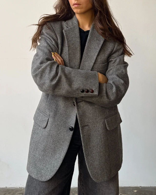 Light Grey Brushed Wool Oversized Blazer Silk Women's Blazer