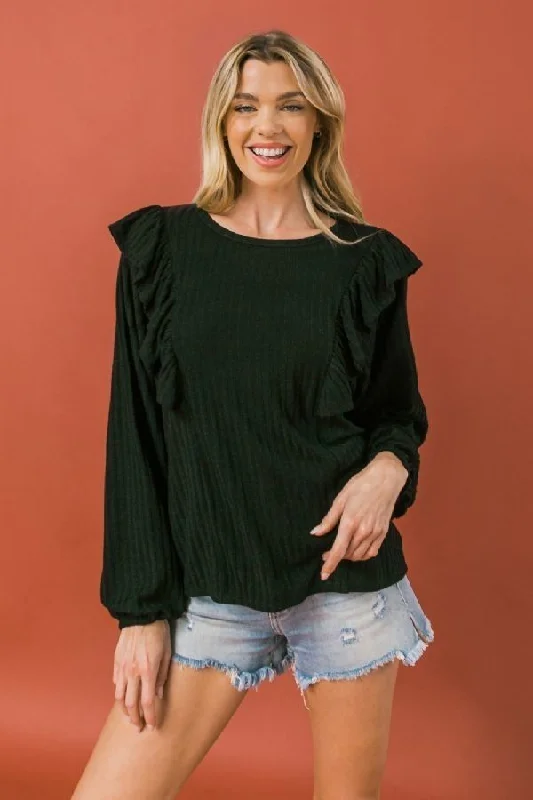 Round Neckline Front Ruffle Detail Knit Top Maximalist Knit Tee