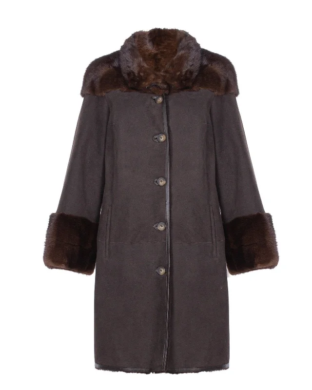 Brown Long Leather Coat Fleece Down Feather