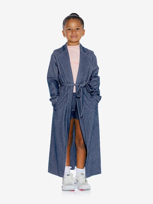 AY by AYLA Girls Denim Look Belted Trench Coat in Blue Suede Faux Fur Shearling