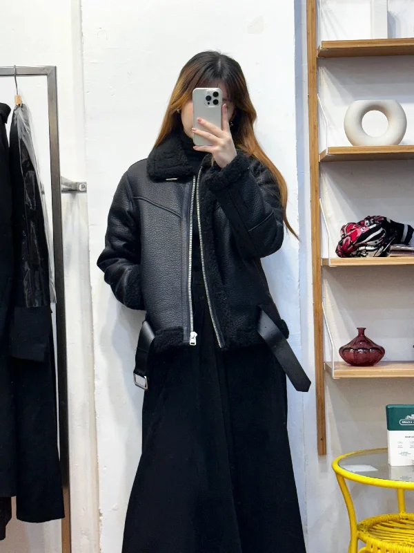 Black Eco-Lamb Fur Jacket Hooded Jacket Caped Jacket Shawl Collar Jacket Hooded Jacket Caped Jacket Shawl Collar Jacket