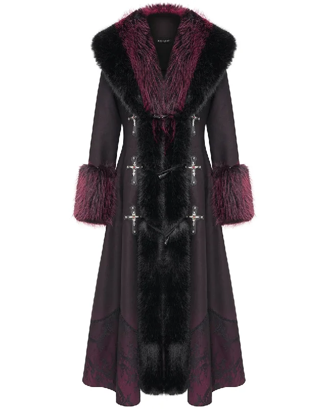 Eva Lady Womens Long Dark Gothic Lolita Winter Coat With Faux Fur Trim Anorak Windbreaker Fleece