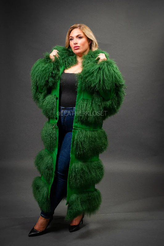 Women's Suede And Mongolian Lamb Fur Convertible Coat [Green] Bodycon Sheath Shift