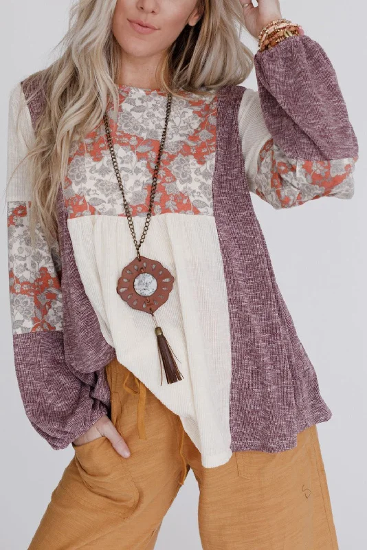 Multicolor Floral Colorblock Bubble Sleeve Ribbed Knit Top Mint Green Knit Blouse