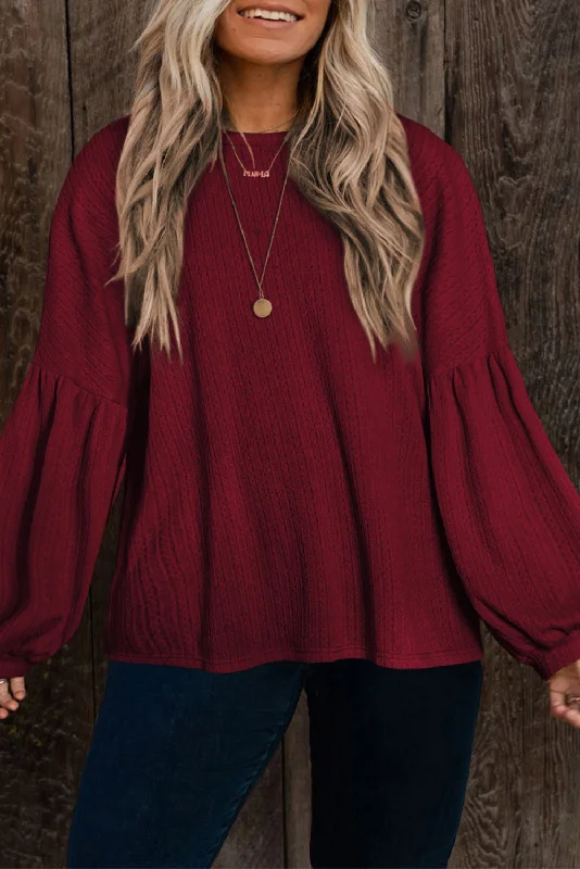 Red Dahlia Plus Size Balloon Sleeve Textured Knit Top Bronze Knit Blouse