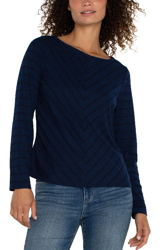 Liverpool Long Sleeve Miter Front Boat Neck Knit Top (Dark Navy Stripe) High-End Knit Shirt