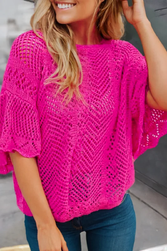 Rose Red Pointelle Knit Scallop Edge Knit Top (Size Large) Daily Wear Knit Tee