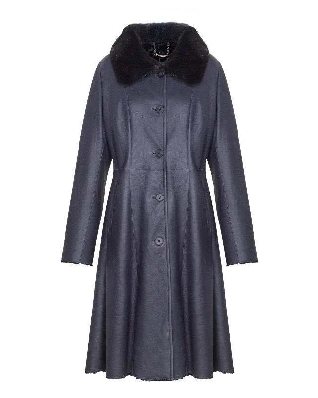 Navy Long Leather Coat Wool Cashmere Tweed