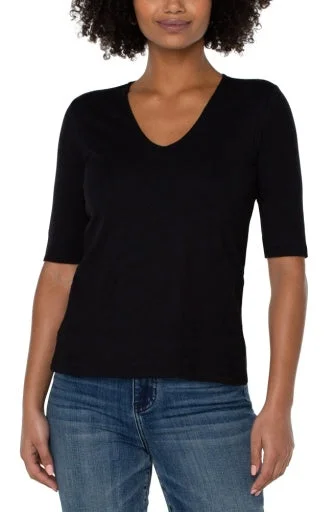 Double Layer V Neck 1/2 Sleeve Rib Knit Top Pastel Knit Top