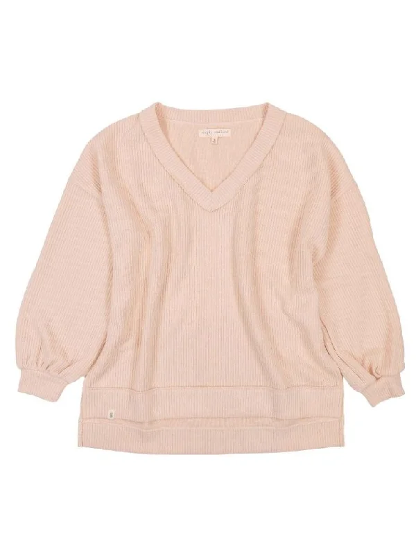 SS V Neck Knit Top - Cream Warm Knit Tee