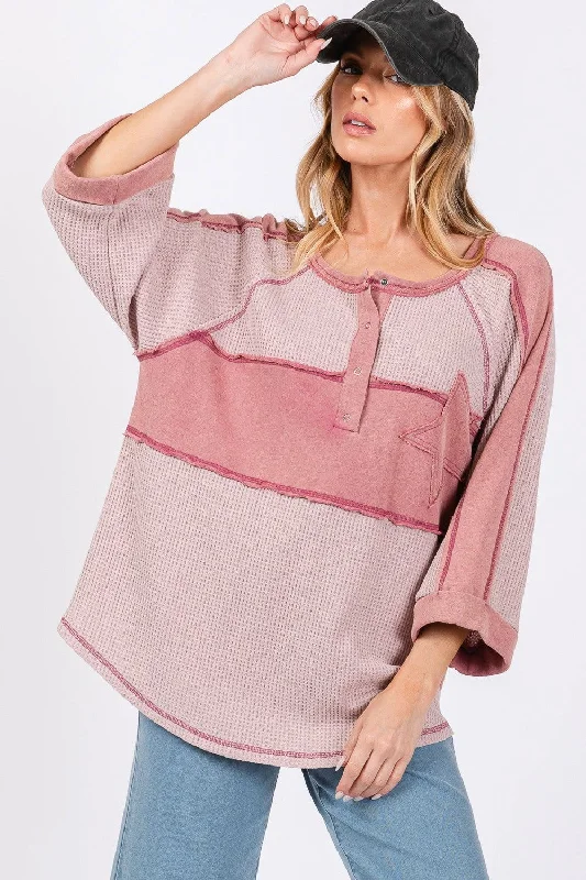 SAGE + FIG Star Applique Patch Exposed Seam Waffle Knit Top In Mauve Luxury Knit Top