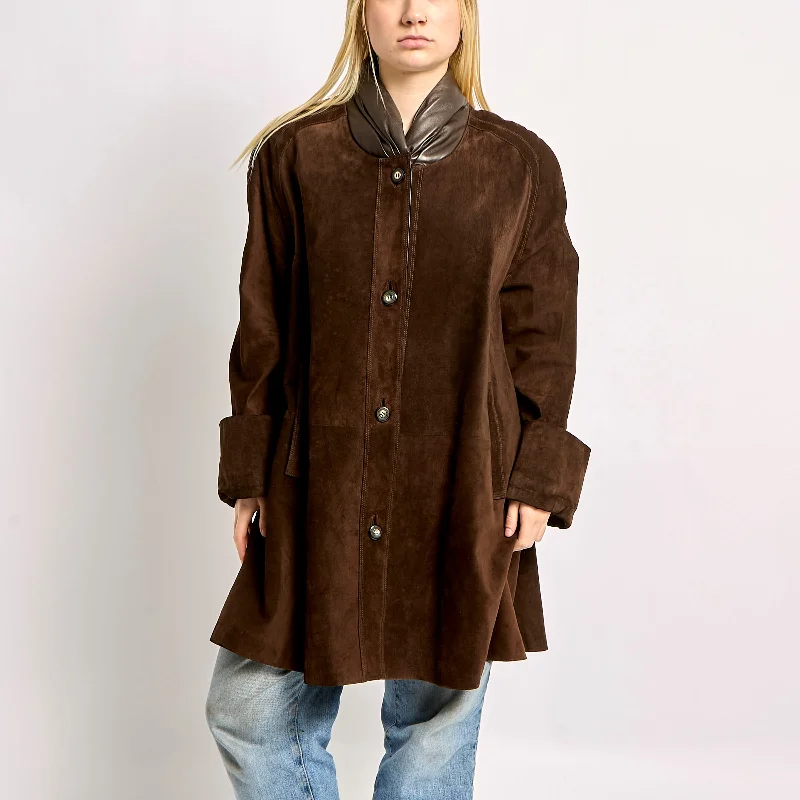 Long Suede Coat With Leather Collar - XL Bomber Denim Leather