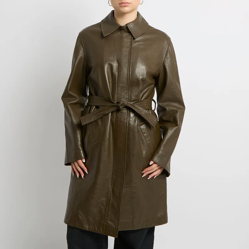 Faux Leather Belted Trench Coat - UK 14 Asymmetrical Diagonal princess